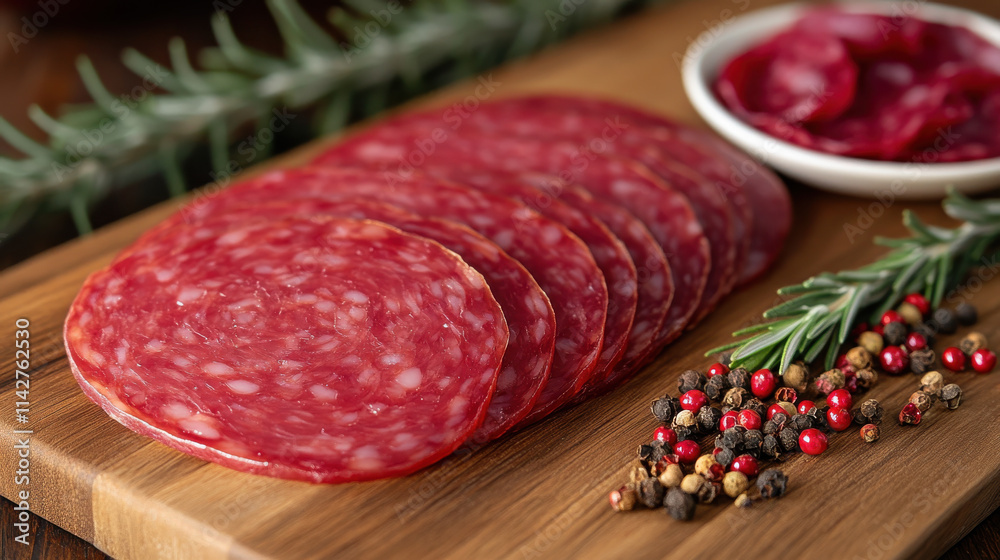 Sliced coppa and bresaola on wooden board, garnished with herbs and spices, creating delightful presentation for charcuterie lovers Sliced coppa and bresaola on wooden board, garnished with herbs and spices, creating delightful presentation for charcuterie lovers