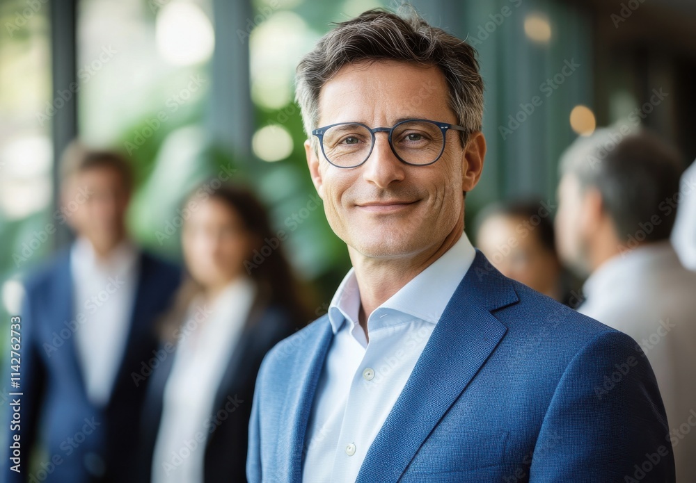 Confident Businessman in Professional Attire Smiling with Colleagues in Modern Office Environment, Representing Leadership and Teamwork Dynamics Confident Businessman in Professional Attire Smiling with Colleagues in Modern Office Environment, Representing Leadership and Teamwork Dynamics