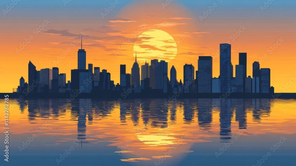 A vibrant city, background skyline silhouette against a sunset, reflected in calm waters. A vibrant city, background skyline silhouette against a sunset, reflected in calm waters.
