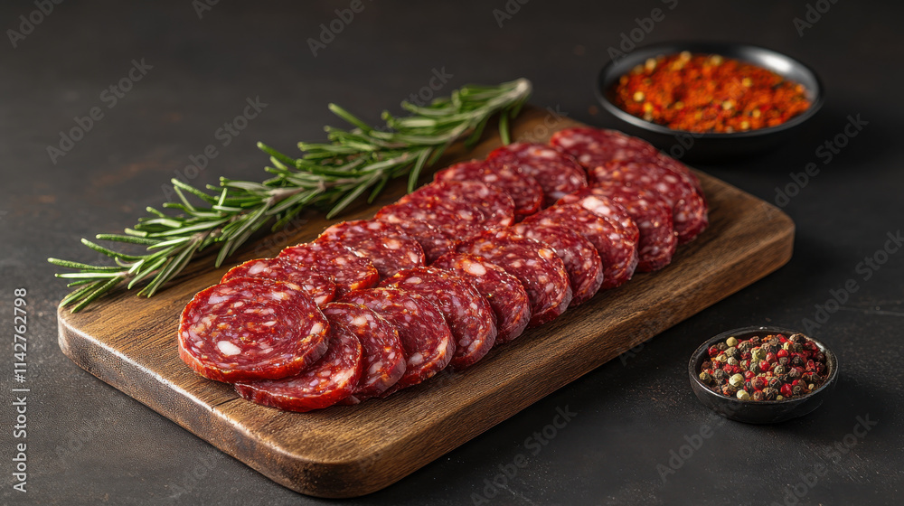 Sliced salami arranged on wooden board, garnished with rosemary and spices, creating delicious and inviting presentation for charcuterie lovers Sliced salami arranged on wooden board, garnished with rosemary and spices, creating delicious and inviting presentation for charcuterie lovers