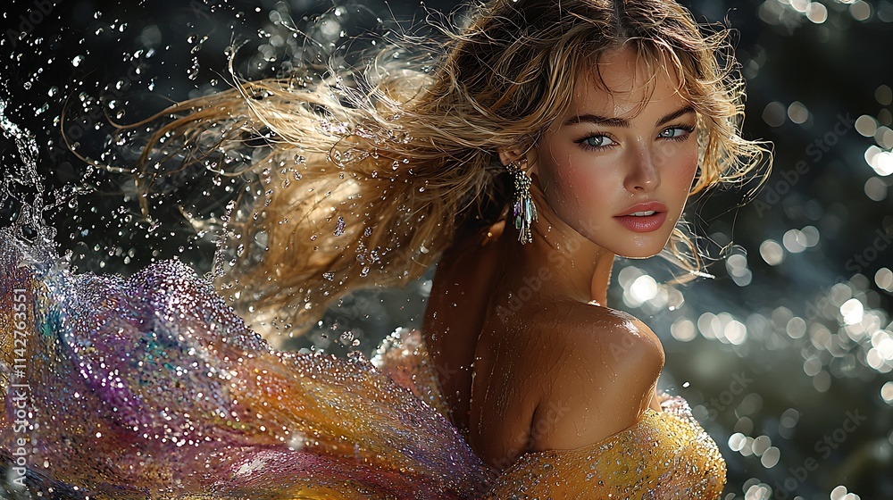 Obraz premium In an elegant and dynamic pose, a woman gazes over her shoulder with confidence. Her flowing blonde hair resembles water motion, framing her face as she wears a multicolored gown transitioning