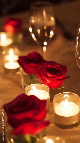 A romantic Valentine's Day dinner setup with candles and red roses. photo