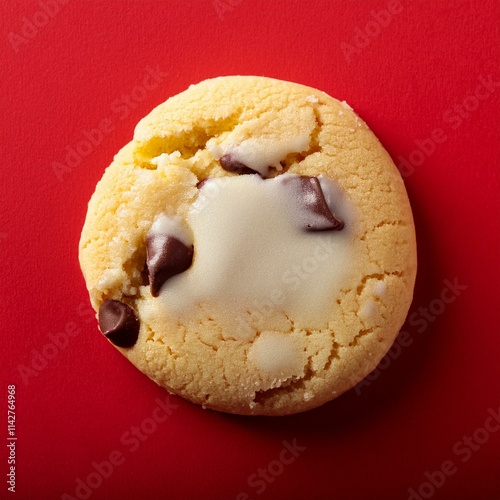 isolated white chocolate cookie on a red background, square food photography