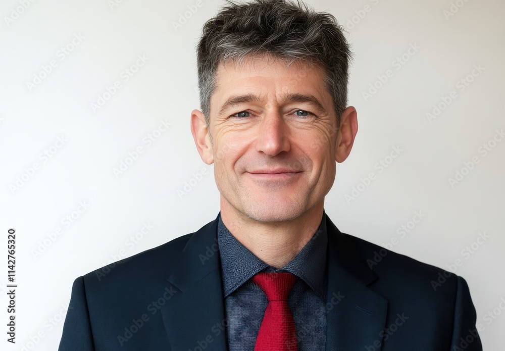 Confident Middle-Aged Businessman in Formal Attire with Gray Hair and Red Tie Standing Against a Light Background, Perfect for Corporate and Professional Use Confident Middle-Aged Businessman in Formal Attire with Gray Hair and Red Tie Standing Against a Light Background, Perfect for Corporate and Professional Use