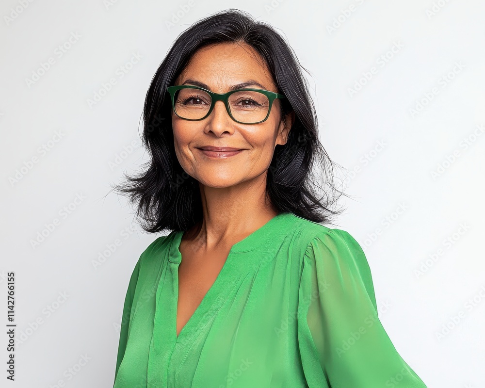 Confident Middle-Aged Woman with Glasses Wearing Green Blouse Against Neutral Background Smiling in Portrait Photography Session Confident Middle-Aged Woman with Glasses Wearing Green Blouse Against Neutral Background Smiling in Portrait Photography Session