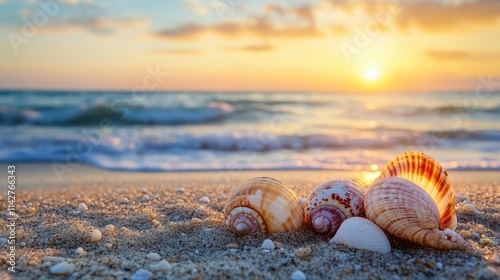 Close-up of seashells nestled in golden sand at sunrise.