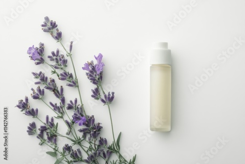 Lavender oil bottle displayed with fresh lavender flowers. The soothing fragrance of lavender promotes relaxation. Ideal for natural skincare and aromatherapy. Generative AI