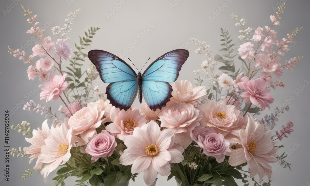 Fototapeta premium Symmetrical butterfly and flower arrangement, delicate details and pastel hues , petal, subtle