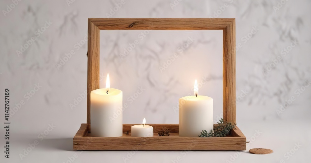 Simple wooden frame mockup with aromatic candle against white background, peacefulness, tranquility, simple, relax Simple wooden frame mockup with aromatic candle against white background, peacefulness, tranquility, simple, relax