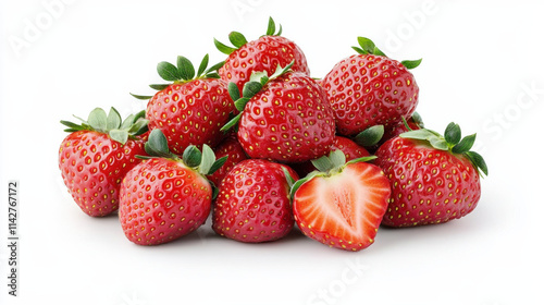 Fresh strawberries piled together, showcasing their vibrant red color and green leaves, with one strawberry cut in half to reveal its juicy interior. Perfect for desserts and healthy snacks