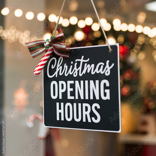 Christmas Opening Hours Sign with Festive Decorations, Wreath, Candy Cane, and Warm Lights for Holiday Business