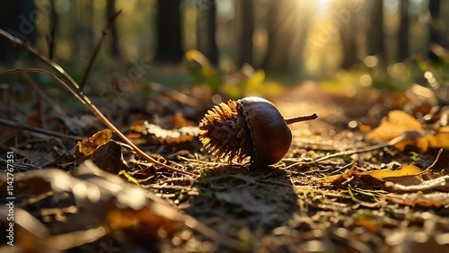 Autumnal Acorn on Forest Floor: Golden Hour Sunlight Bathes Fallen Leaves and Acorn