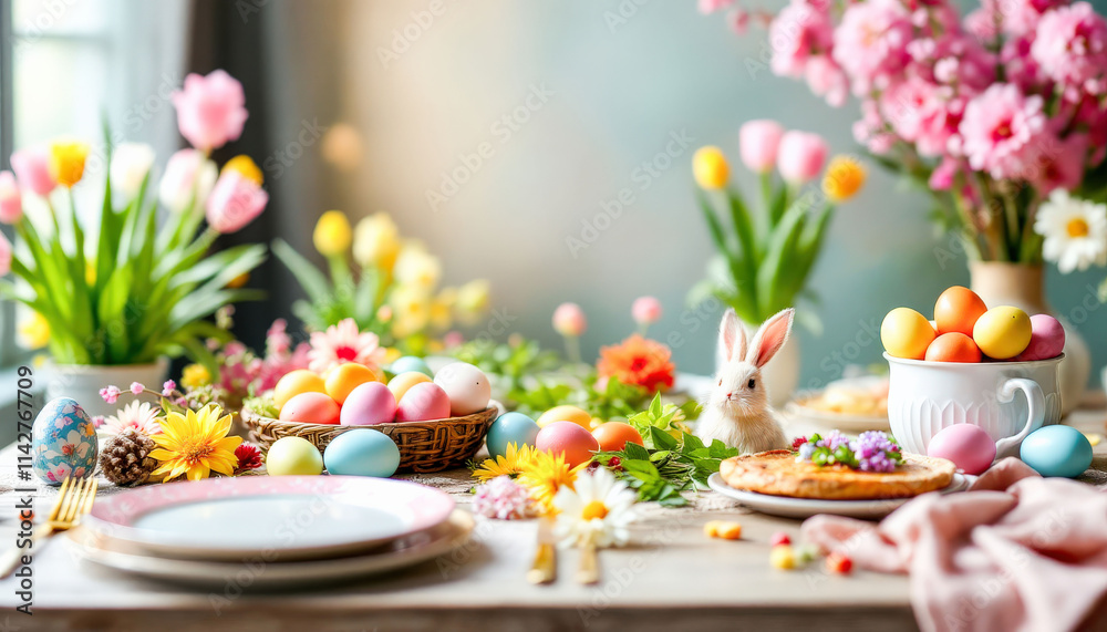 A vibrant Easter brunch spread featuring dishes like deviled eggs, hot cross buns, and refreshing mimosas, beautifully arranged on a pastel-themed tablecloth A vibrant Easter brunch spread featuring dishes like deviled eggs, hot cross buns, and refreshing mimosas, beautifully arranged on a pastel-themed tablecloth