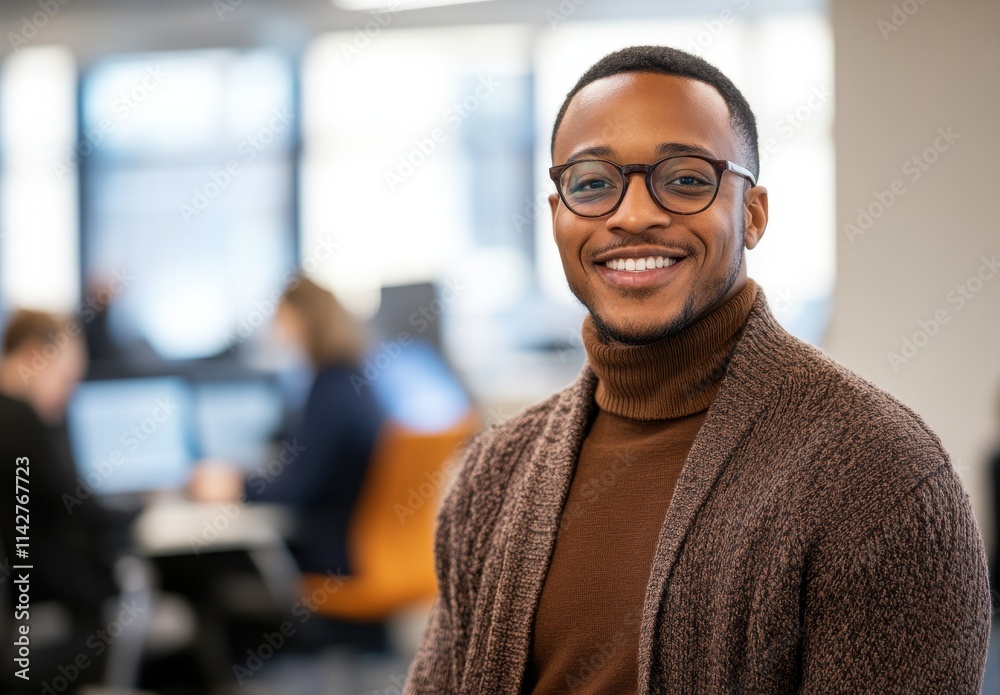 Confident young man with glasses smiling in a modern office setting, showcasing a warm and approachable demeanor while working with colleagues in a collaborative environment Confident young man with glasses smiling in a modern office setting, showcasing a warm and approachable demeanor while working with colleagues in a collaborative environment