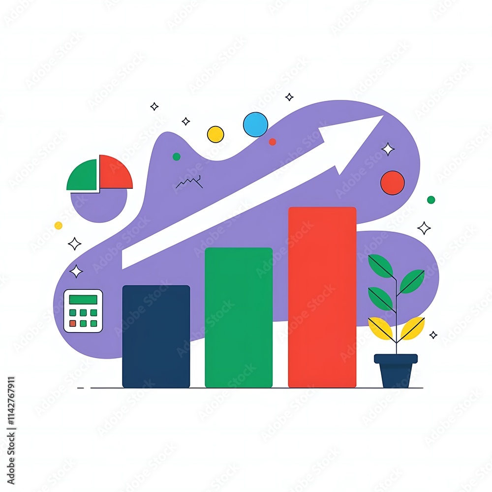 Obraz premium Vector Illustration of Bar Graph with Ascending Bars, Upward Arrow, and Abstract Decorative Elements, Isolated on White Background