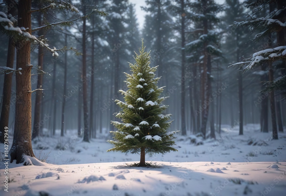 Fototapeta premium Snow falling gently on a solitary Christmas tree in the forest, serene, peaceful, winter, holiday