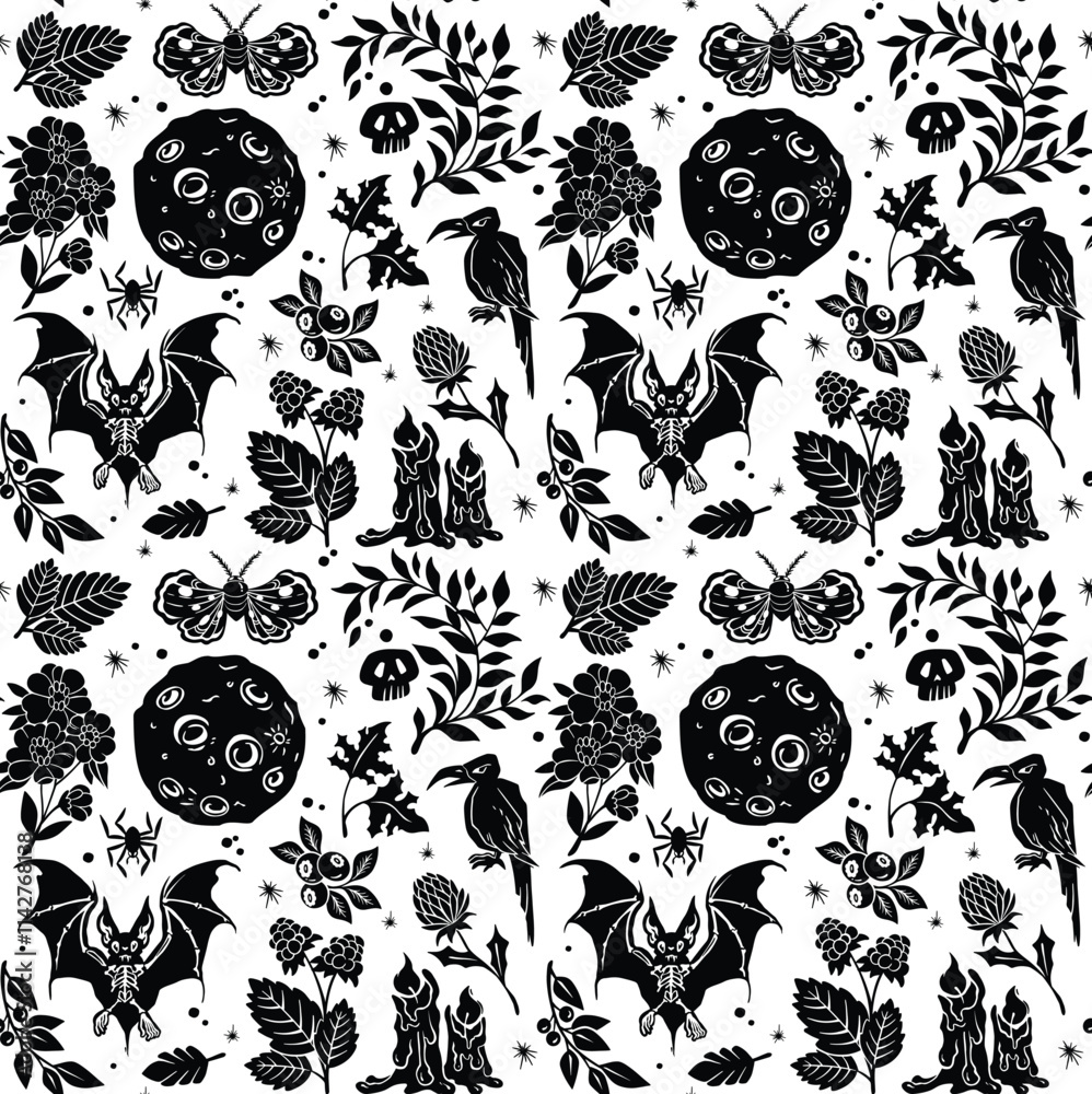 black and white pattern for halloween seamless hand drawn