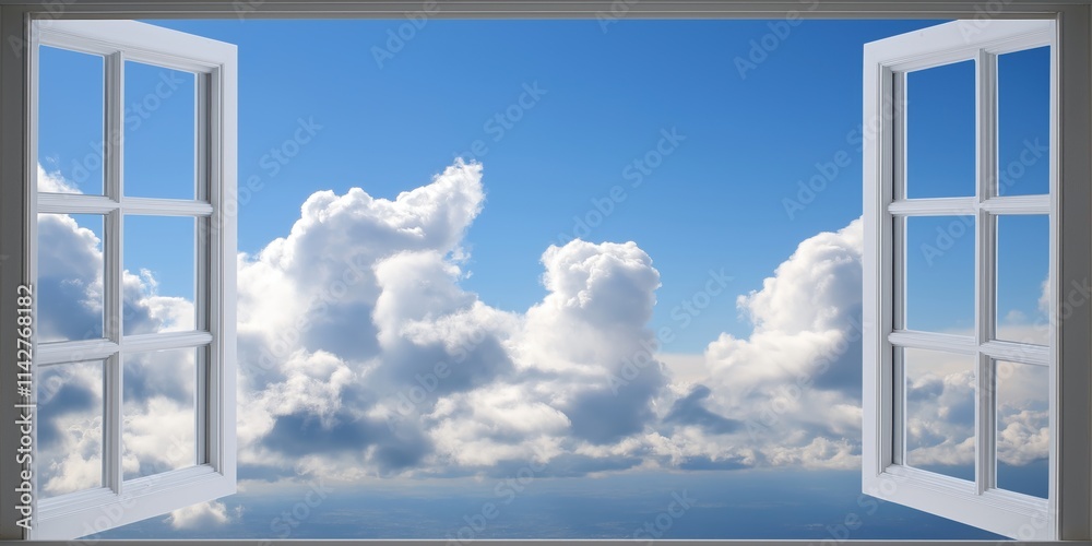 White-framed window flanked by cloud formations against a clear blue sky, symbolizing openness and freedom. White-framed window flanked by cloud formations against a clear blue sky, symbolizing openness and freedom.