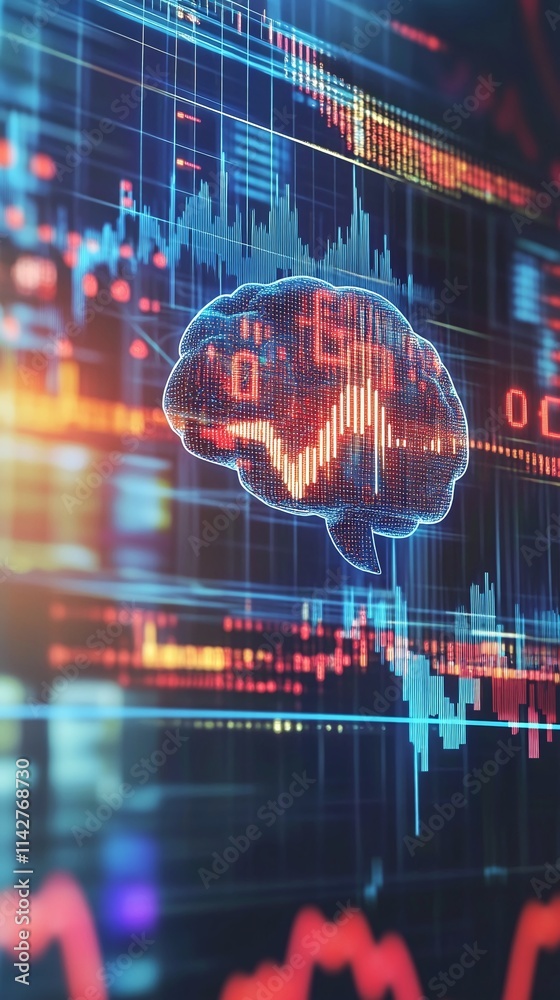 AI and machine learning depicted as a brain connected to financial data streams. AI and machine learning depicted as a brain connected to financial data streams.