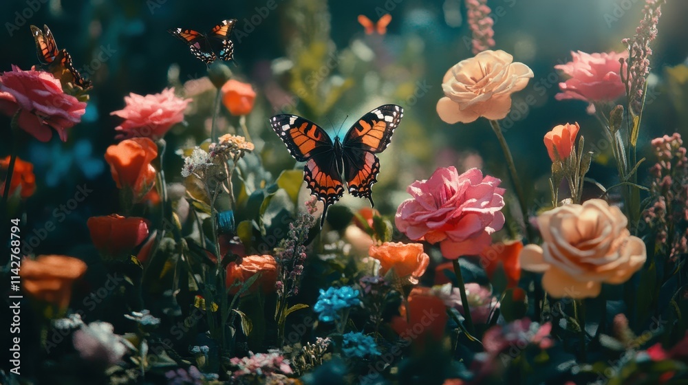 Colorful butterflies flutter among vibrant flowers in a lush garden during daylight Colorful butterflies flutter among vibrant flowers in a lush garden during daylight