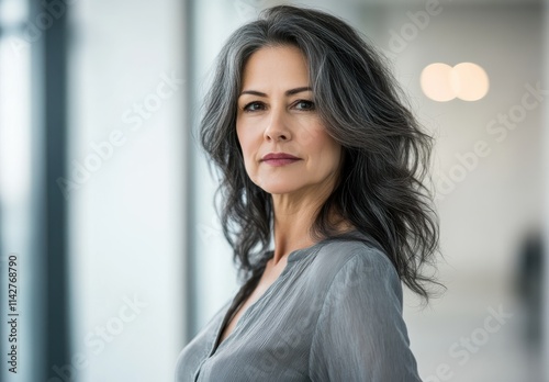 Elegant mature woman with long gray hair and confident expression stands in modern space, showcasing beauty and grace in natural light with minimalistic decor.