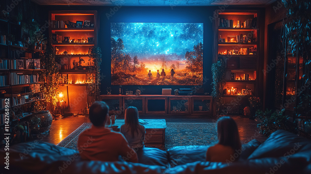 Family enjoys a cozy movie night at home with a captivating visual display on a large screen Family enjoys a cozy movie night at home with a captivating visual display on a large screen