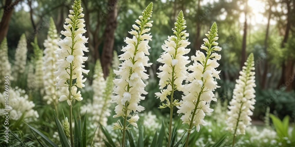 Soft focus photo of delicate white yucca flowers in a dreamy garden, whimsical, blurred, ethereal Soft focus photo of delicate white yucca flowers in a dreamy garden, whimsical, blurred, ethereal