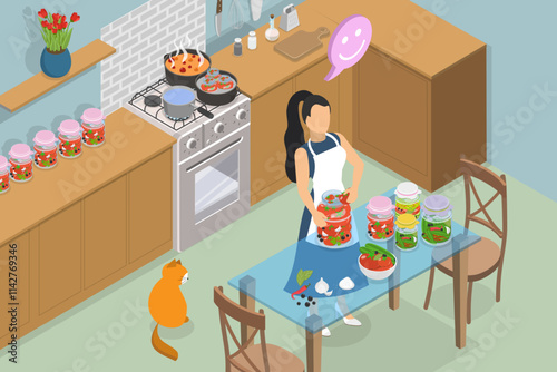 3D Isometric Flat Vector Illustration of Preserving Vegetables, Homemade Canned Food