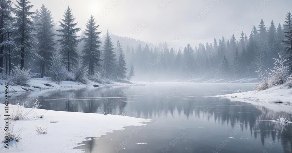 Obraz premium Softly falling snowflakes gently landing on a frosty lake, creating a serene winter landscape on a white watercolor paper , frosty lake, watercolor painting,