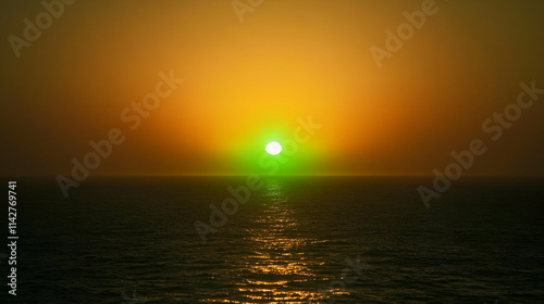 Breathtaking sunset over the ocean with a rare green flash illuminating the horizon