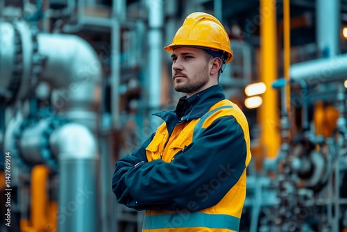 Industrial worker in safety gear overseeing operations at a refinery facility photo