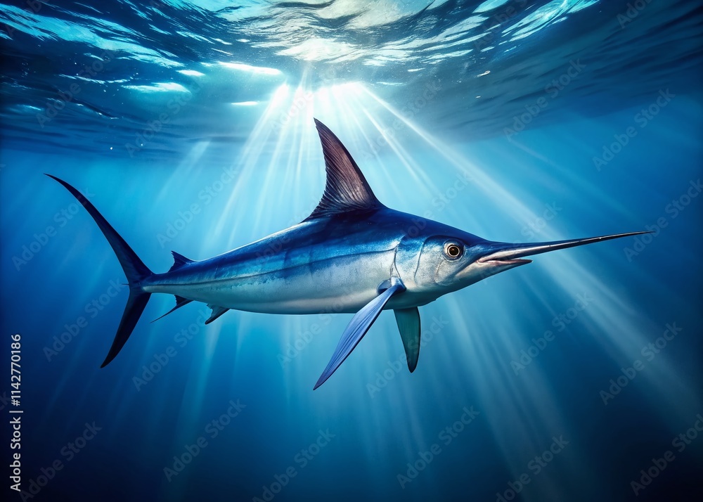 Fototapeta premium Minimalist Swordfish Photography: Ocean Predator, Marine Life, Underwater Wildlife, Swordfish Silhouette