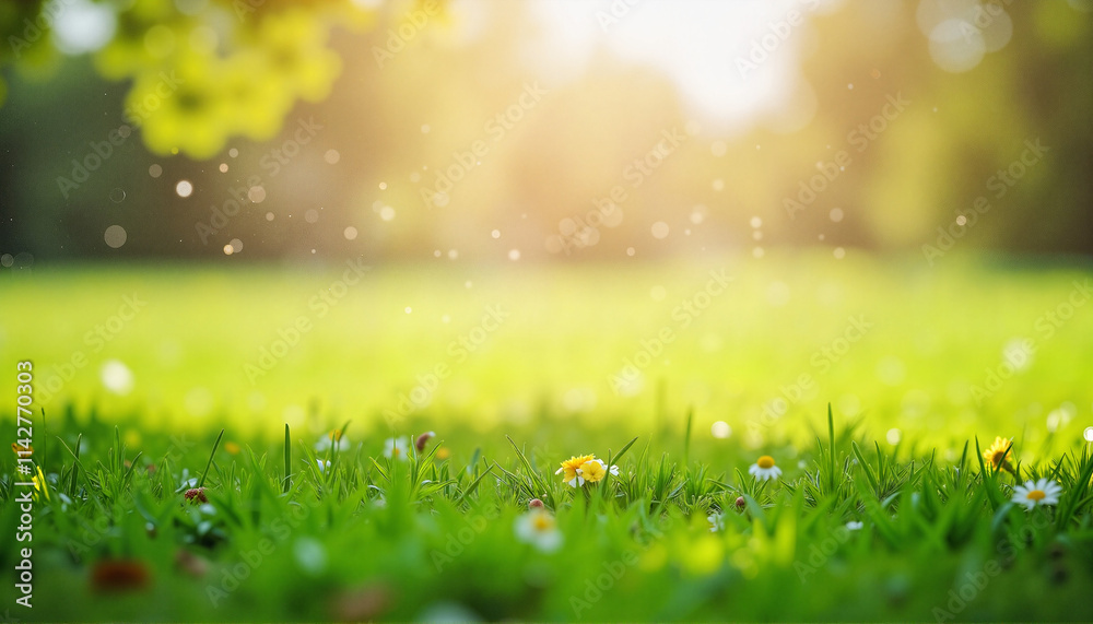 Fototapeta premium Close-up of Dew-covered Green Lawn Grass in Morning Sunlight