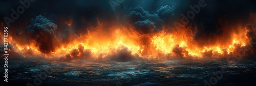 A dramatic scene of fiery clouds above a turbulent ocean, evoking intensity and contrast.