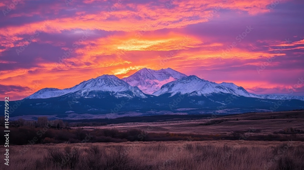 Majestic mountain range illuminated by a vibrant sunset under a colorful sky in the evening Majestic mountain range illuminated by a vibrant sunset under a colorful sky in the evening