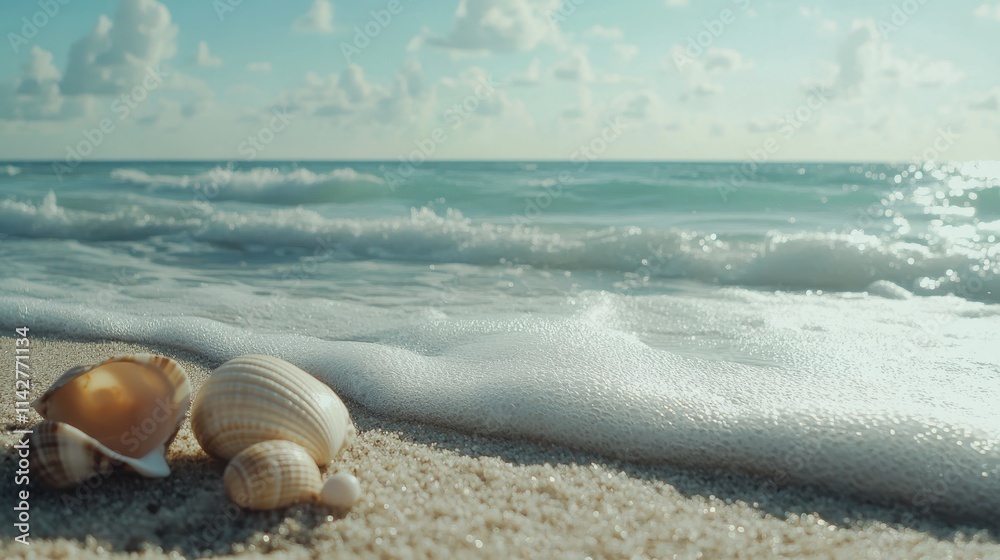 Beach setting with seashells resting on wet sand and gentle waves under a cloudy sky during dusk