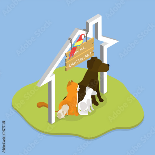 3D Isometric Flat Vector Illustration of Domestic Animal Daycare, Services For Furry Friends
