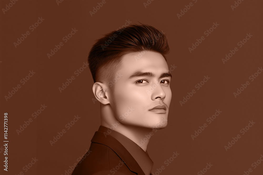 Confident portrait of Asian man in a stylish blazer in mocha mousse brown colors. Modern trendy tone hue shade Confident portrait of Asian man in a stylish blazer in mocha mousse brown colors. Modern trendy tone hue shade