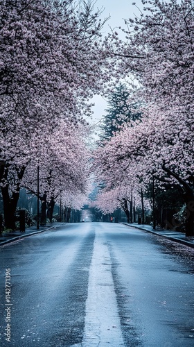 Cherry blossoms in full bloom lining a quiet urban street in spring.