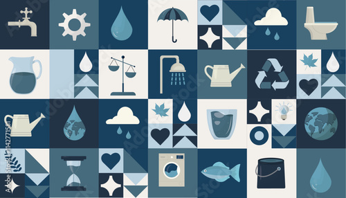Water Conservation and Sustainability Icon Set. grid of water-themed icons, including conservation, recycling, nature, and sustainability symbols in a modern, clean design. World water day vector.
