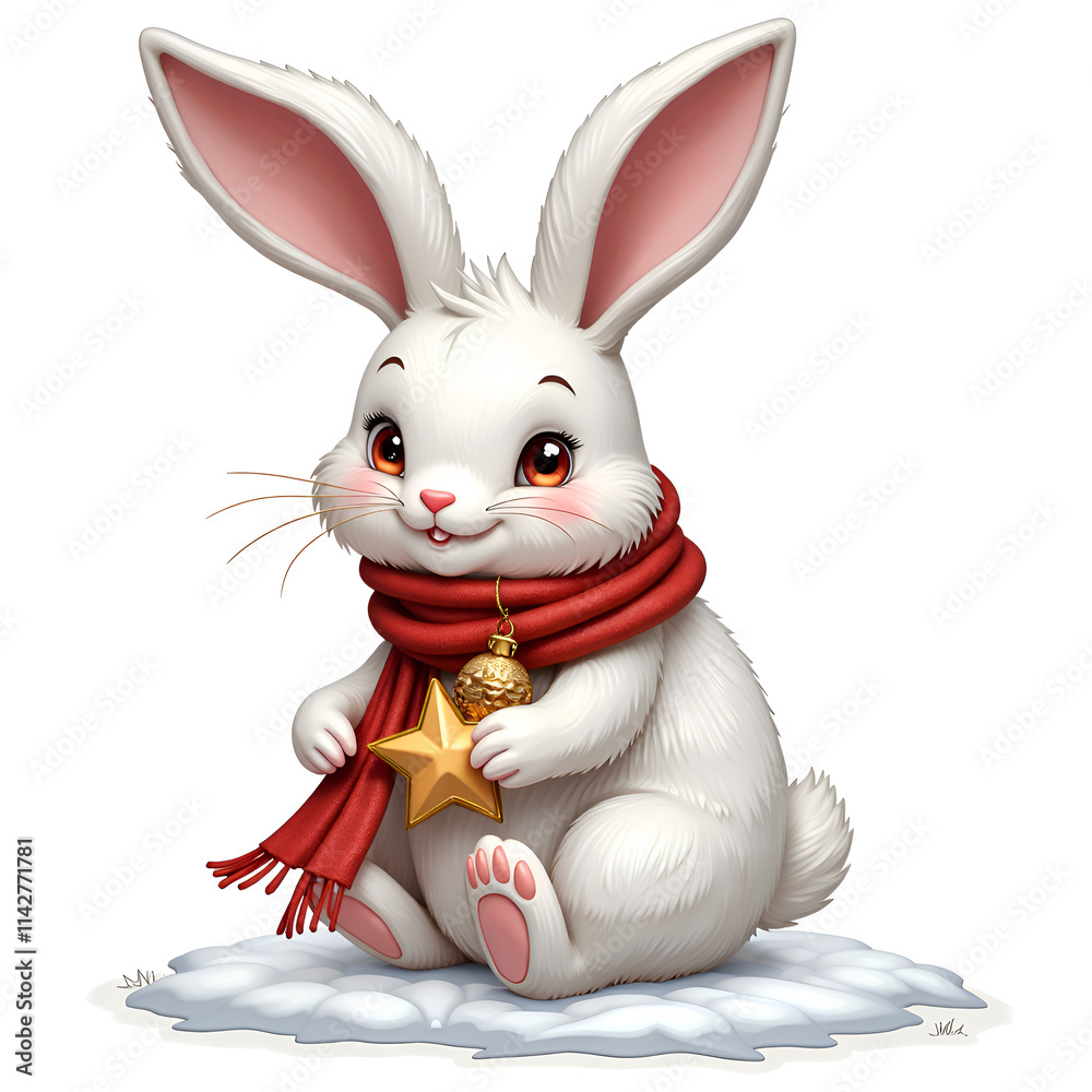 Obraz premium Adorable white bunny with a scarf and christmas ornament sitting on snow, digital art of character design concept.