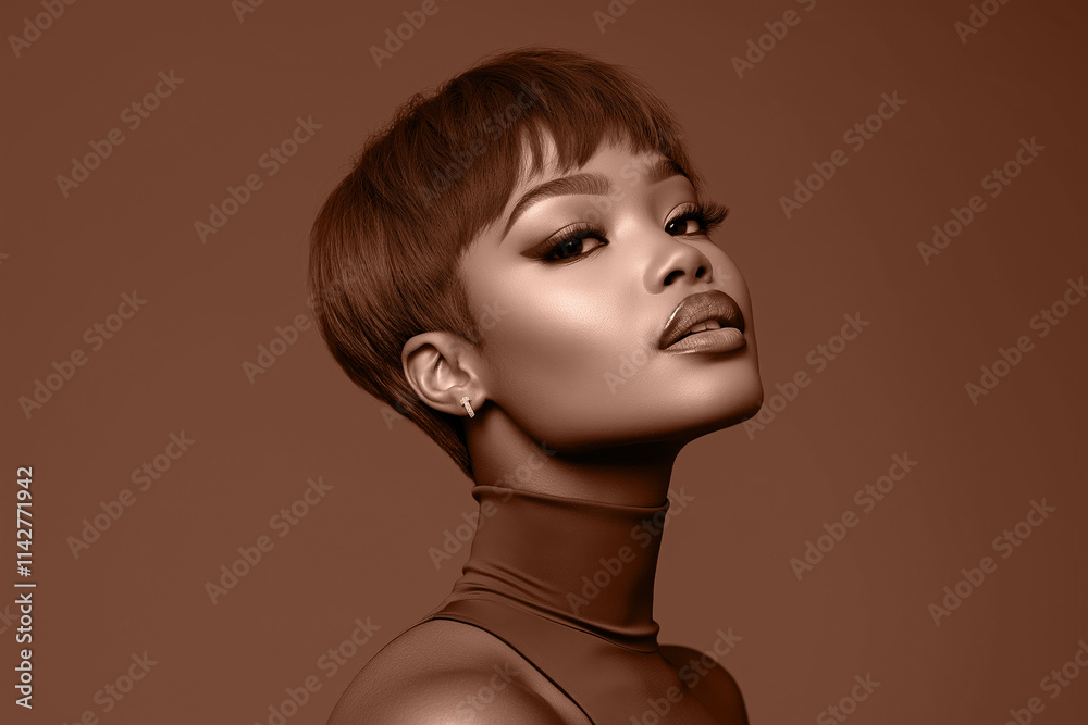 Portrait of an African woman with striking mocha mousse brown hair fashion model studio shot. Modern trendy tone hue shade