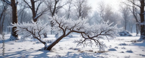 Thick layer of frost on tree branches with snow-covered ground, nature, frost, ground, icy, winter