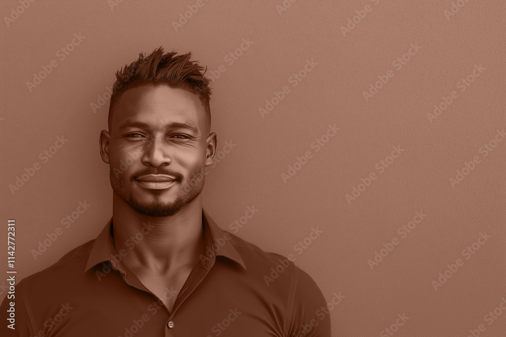 Man confidently stares into the camera studio shot in mocha mousse brown colors. Modern trendy tone hue shade Man confidently stares into the camera studio shot in mocha mousse brown colors. Modern trendy tone hue shade