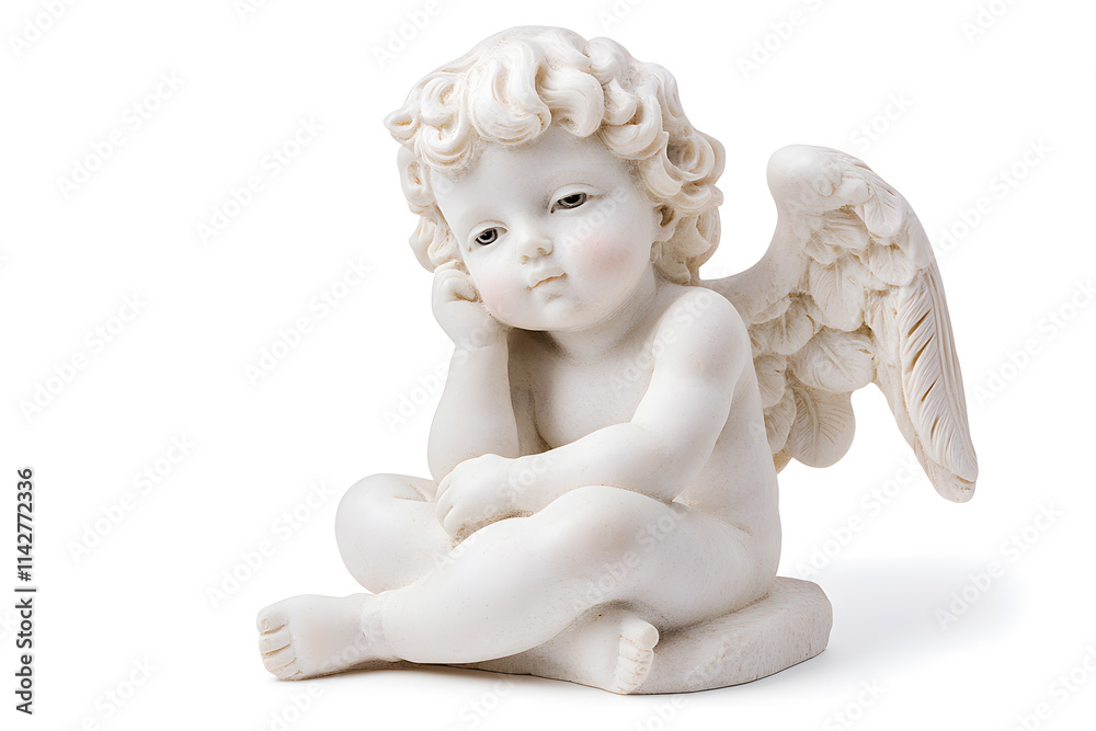 White marble statue of sitting cherub, isolated on white background White marble statue of sitting cherub, isolated on white background