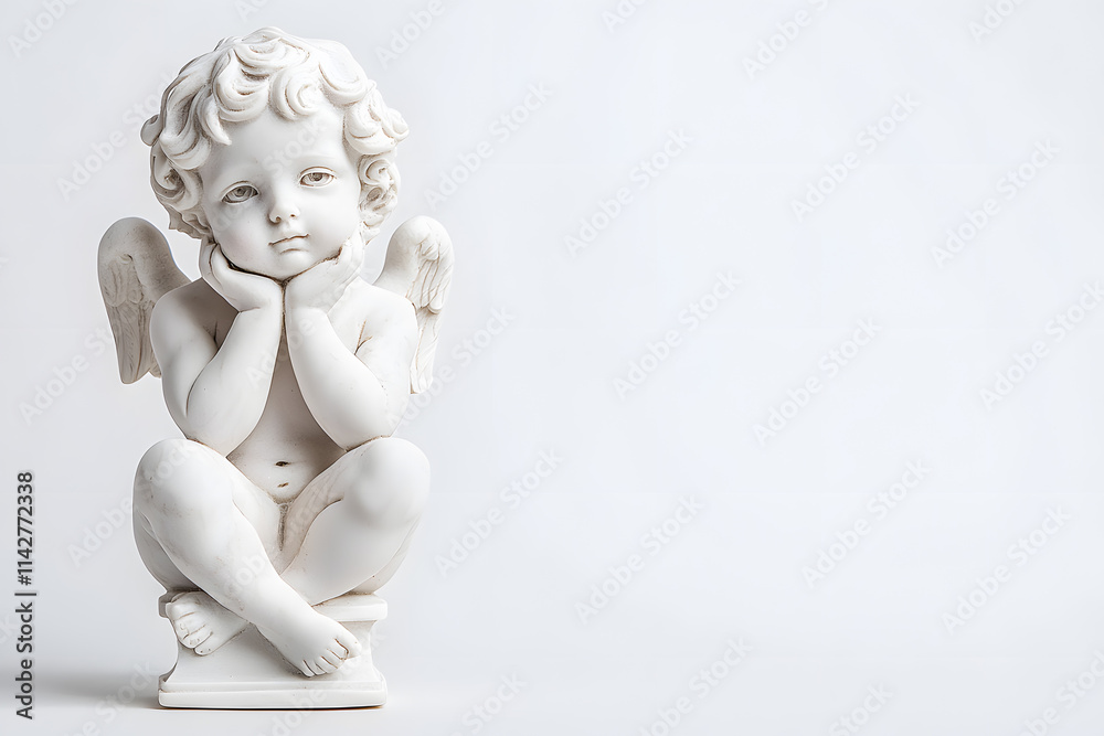 White marble statue of sitting cherub, isolated on white background