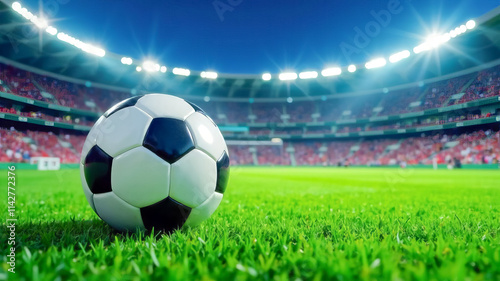 Soccer ball against the background of a football stadium