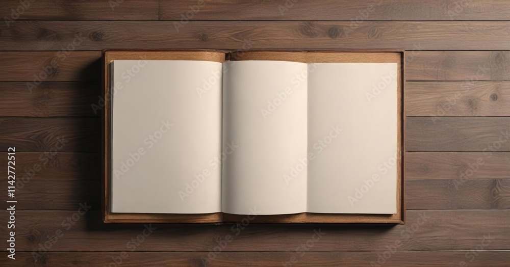 Top view of open vertical photo album on wooden table, background, showcase Top view of open vertical photo album on wooden table, background, showcase