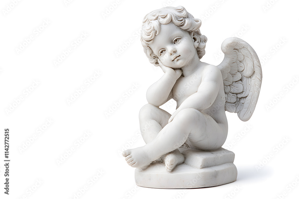 White marble statue of sitting cherub, isolated on white background White marble statue of sitting cherub, isolated on white background