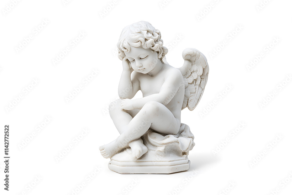 White marble statue of sitting cherub, isolated on white background White marble statue of sitting cherub, isolated on white background
